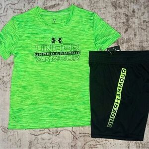 Under Armour Neon Green Tee and Black Shorts